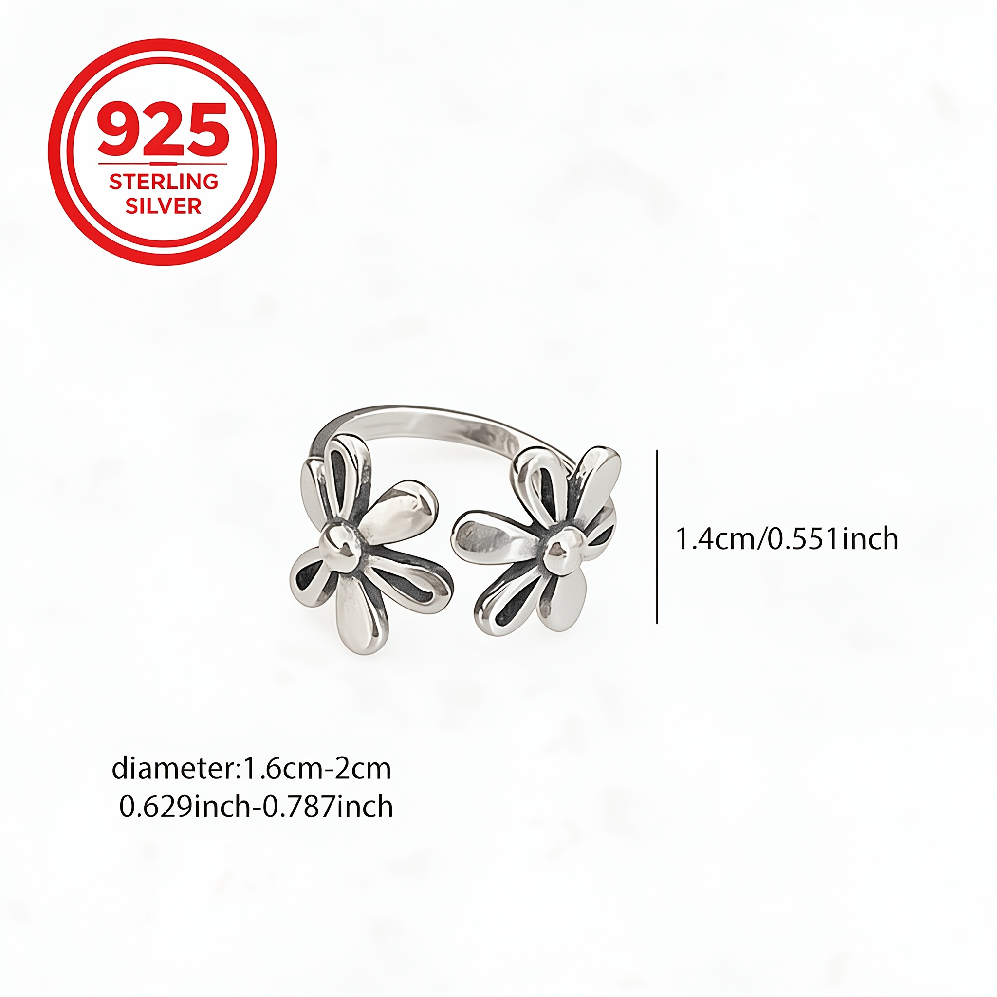925 Silver Adjustable Double Flower Open Ring, Couples Gift
