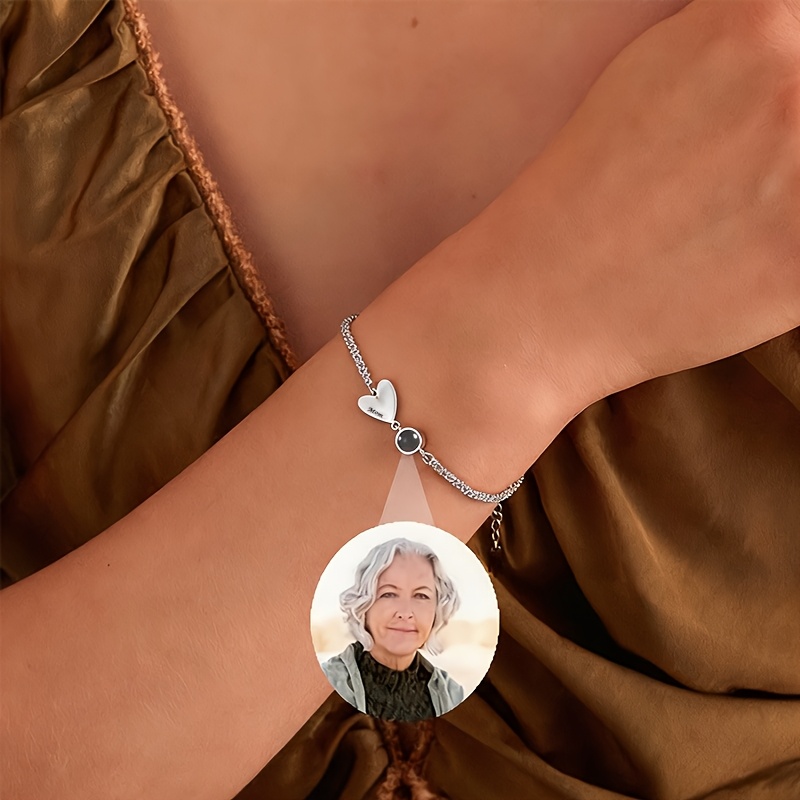 TEMU Custom Name And Photo Bracelet Personalized Engraved Heart Name Projection Bracelet Shimmering Chain Stainless Steel Jewelry Fashionable And