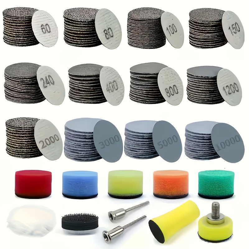 Image of 240pcs 1inch Magic Tape Sandpaper, 60-10000 Grit Wet/dry Use, Includes 1/8"& 1/4" Backing Pad, Polishing Pad And Interface Pad, Suitable For Electric Drill Rotary Tools And Wood/metal Accessories