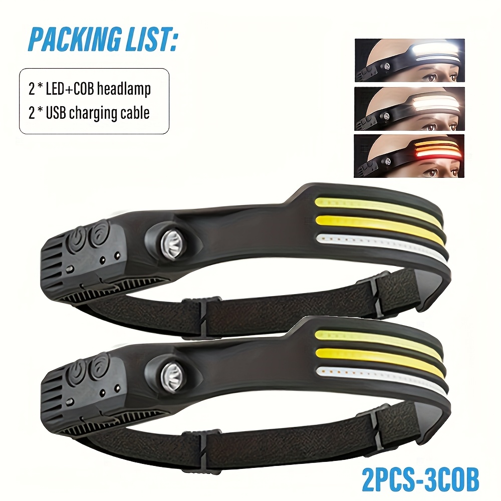 TEMU 2pcs Outdoor With Motion Headlamp, Usb Rechargeable Headlamp, Cob Floodlight Headlamp For Camping, Running, Fishing And Work Headlamps