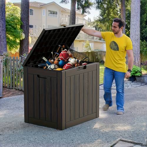 35 gallon waterproof outdoor deck box w locking hole organizer storage box with side handles outdoor storage organizing supplies storage boxes for patio garden backyard easy to move resin storage boxes bins cabinets outdoor storage racks box cabinet rack for outdoor storage