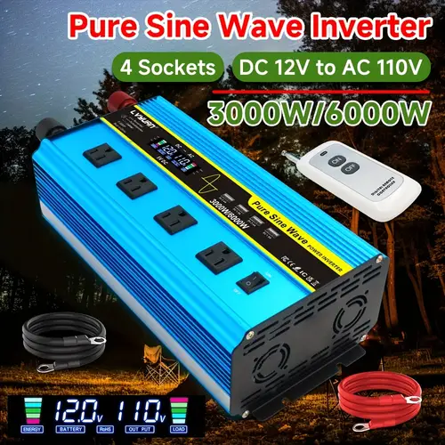 pure sine wave inverter 3000w 6000w peak inverter 12v to 110v to ac with remote control lcd display 4 ac outlets and 4 usb charging ports suitable for home car truck solar system