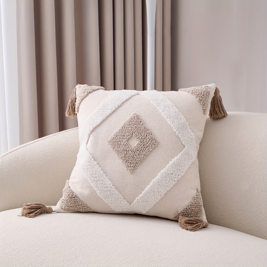 1pc Bohemian Moroccan Geometric Embroidered Decorative Pillow Cover, 45.72x45.72 cm, Zippered Farmhouse Cushion Case, Machine Washable, White with Beige & Gray Patterns for Sofa and Bedroom Decor - No Insert Included, Pillows for Couch