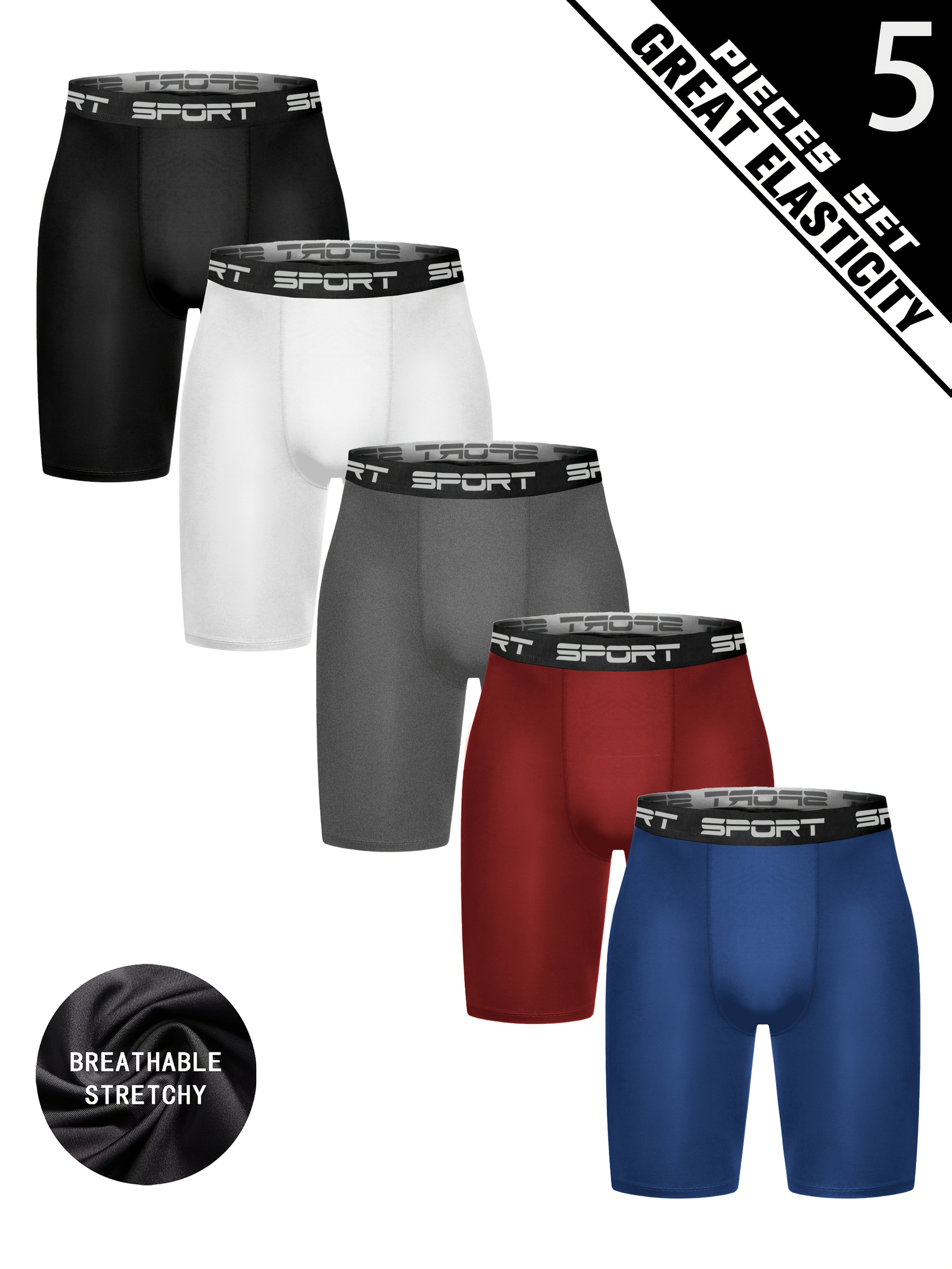 5-Pack RUKIOO Men'S Solid Color Compression Shorts, High Stretch Knit Fabric, Quick-Dry Comfortable Elastic Underwear for All Seasons, Polyester 90% Elastane 10%, Breathable & Anti-Chafing