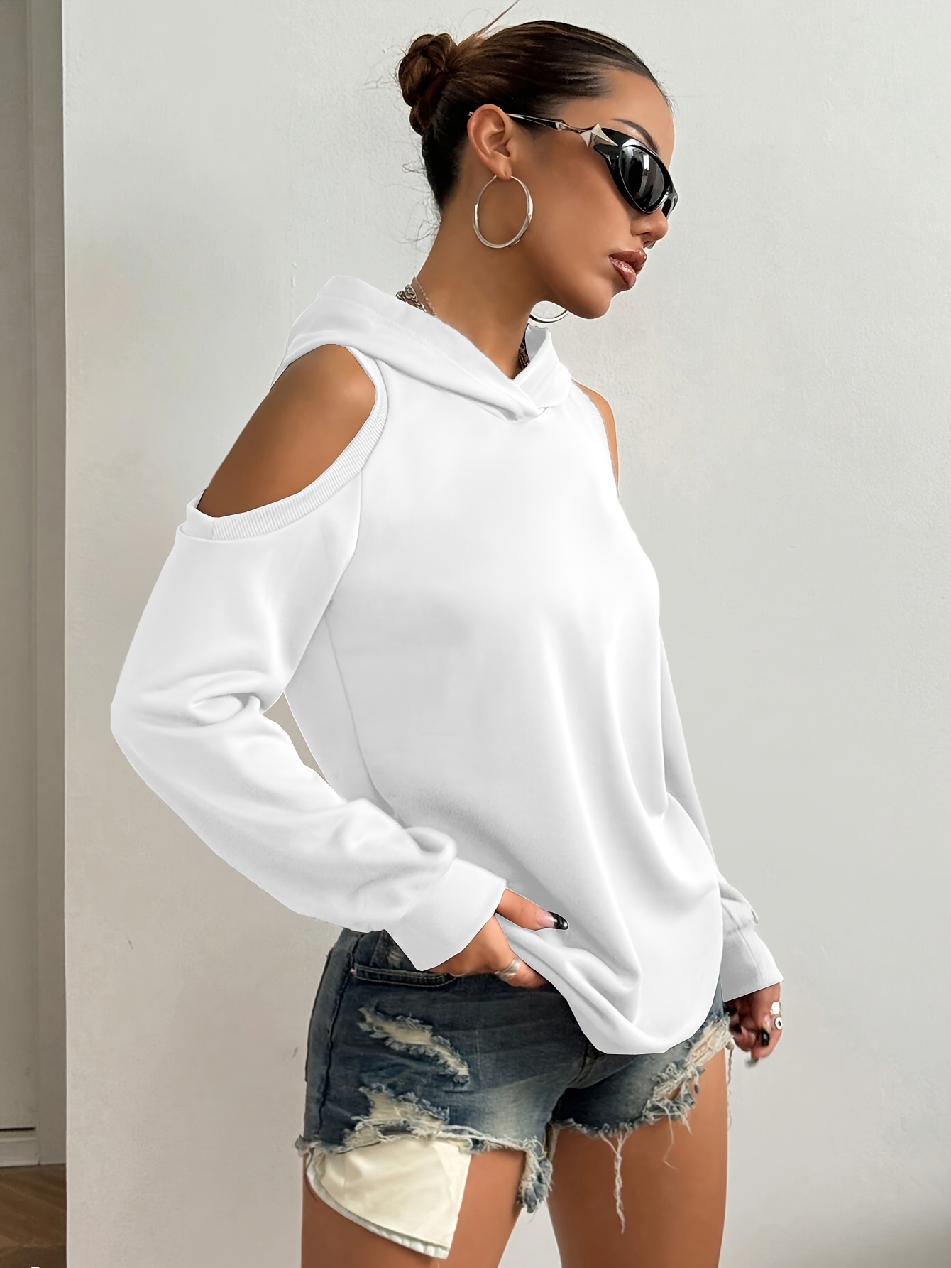 damen casual off shoulder hoodie einfarbig schwarz langarm Temu