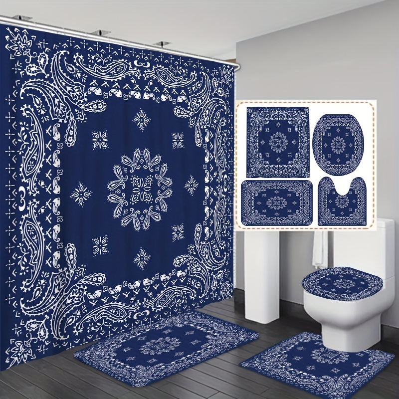 

1pc/3pcs/4pcs Retro Navy Blue Background Cashew Flower Pattern Bathroom Set Including Shower Curtain Four-piece Set Three-piece Set