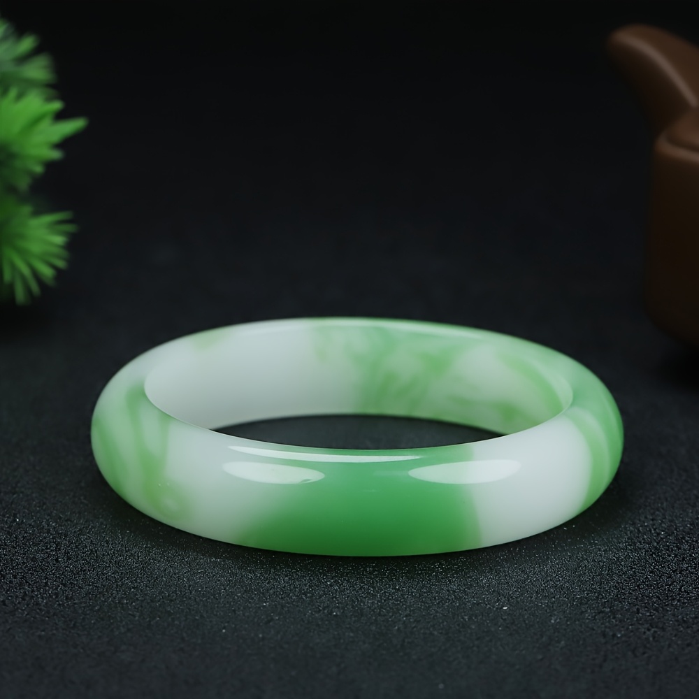 Exquisitely Carved Green Floral Two-Tone Bangle Bracelet
