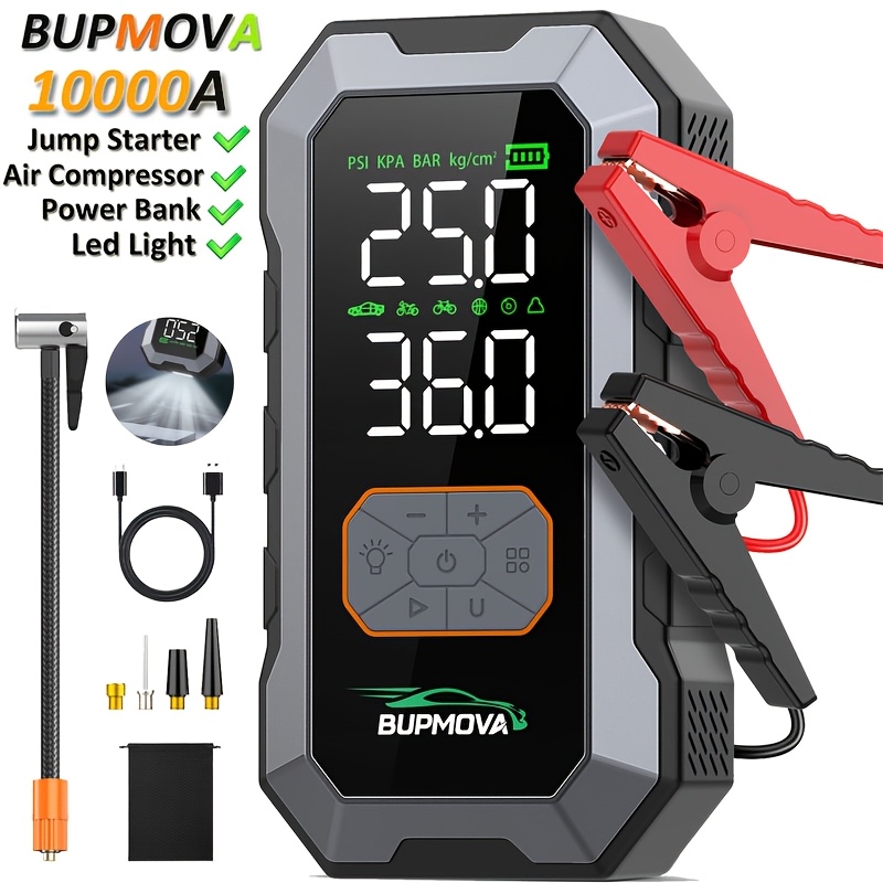 Image of Car Jump Starter With Air Compressor Cordless Tire Inflator, 10 In 1 Battery Booster With Power Bank Pack & Led Flashlights, 12v Auto Jumper Gas Or 10.0l Vehicles, Dual Air Pressure Display