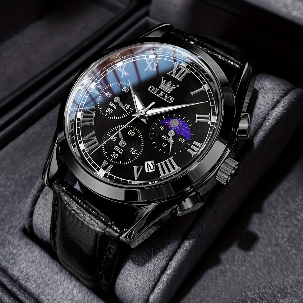 Olevs Multifunctional Watches For Men Casual Dress Quartz Faux Leather Chronograph Moon Phase Roman Luminous Date Classic Men's Wristwatches Men's Watch