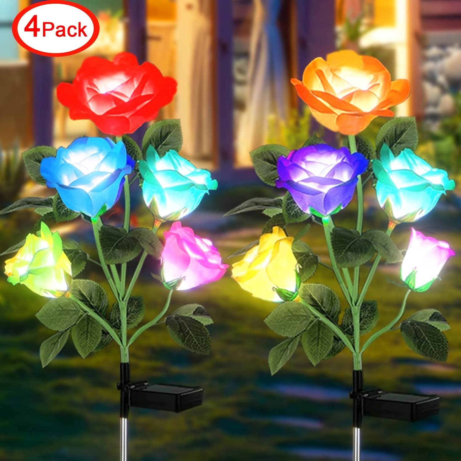 

4 Pack Garden Decor Solar Outdoor Lights Decorative, 7 Color Charging Garden Lights Solar Powered Solar Flowers With More Realistic Roses For Yard Decoration