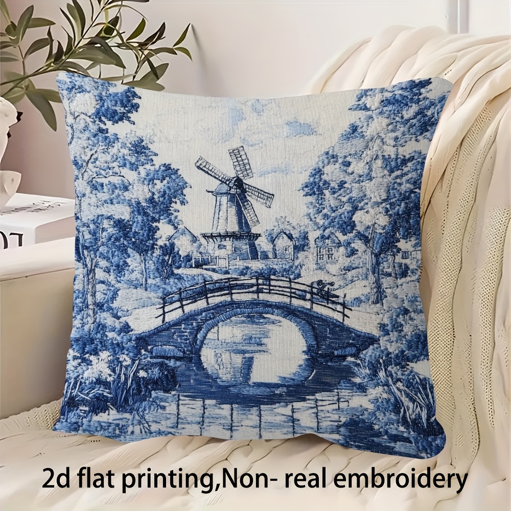 TEMU 2d Flat - 1pc, Double-sided Short Plush Decorative Pillow Cover With 2d Flat Printing, Featuring A Non-real Embroidery Design Of A Windmill And