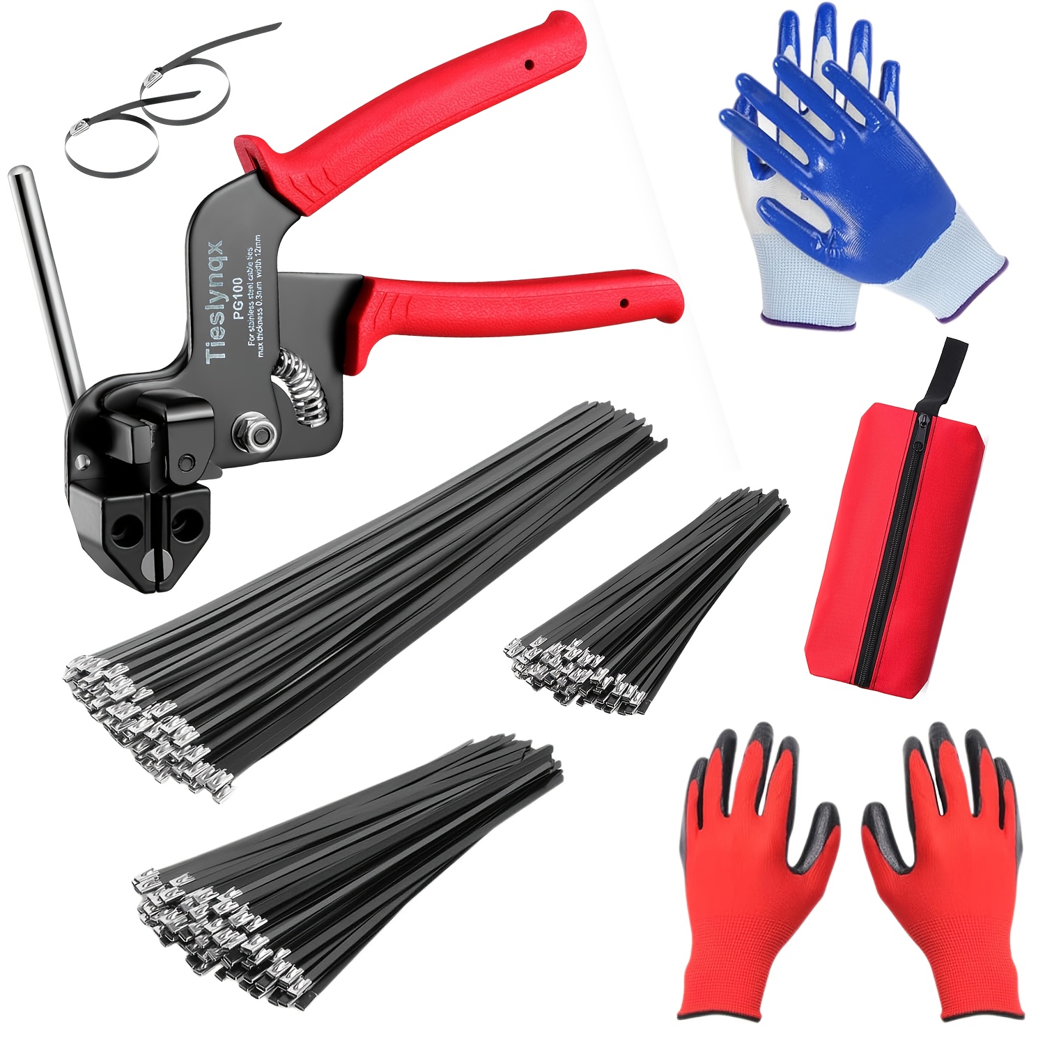 TEMU Set Of Cable Tie Guns, Including 150 Black Metal Zip Ties (50 Each Of 7.8, 9.8, And 11.8 Inches), Adjustable Tools For Fastening And Cutting