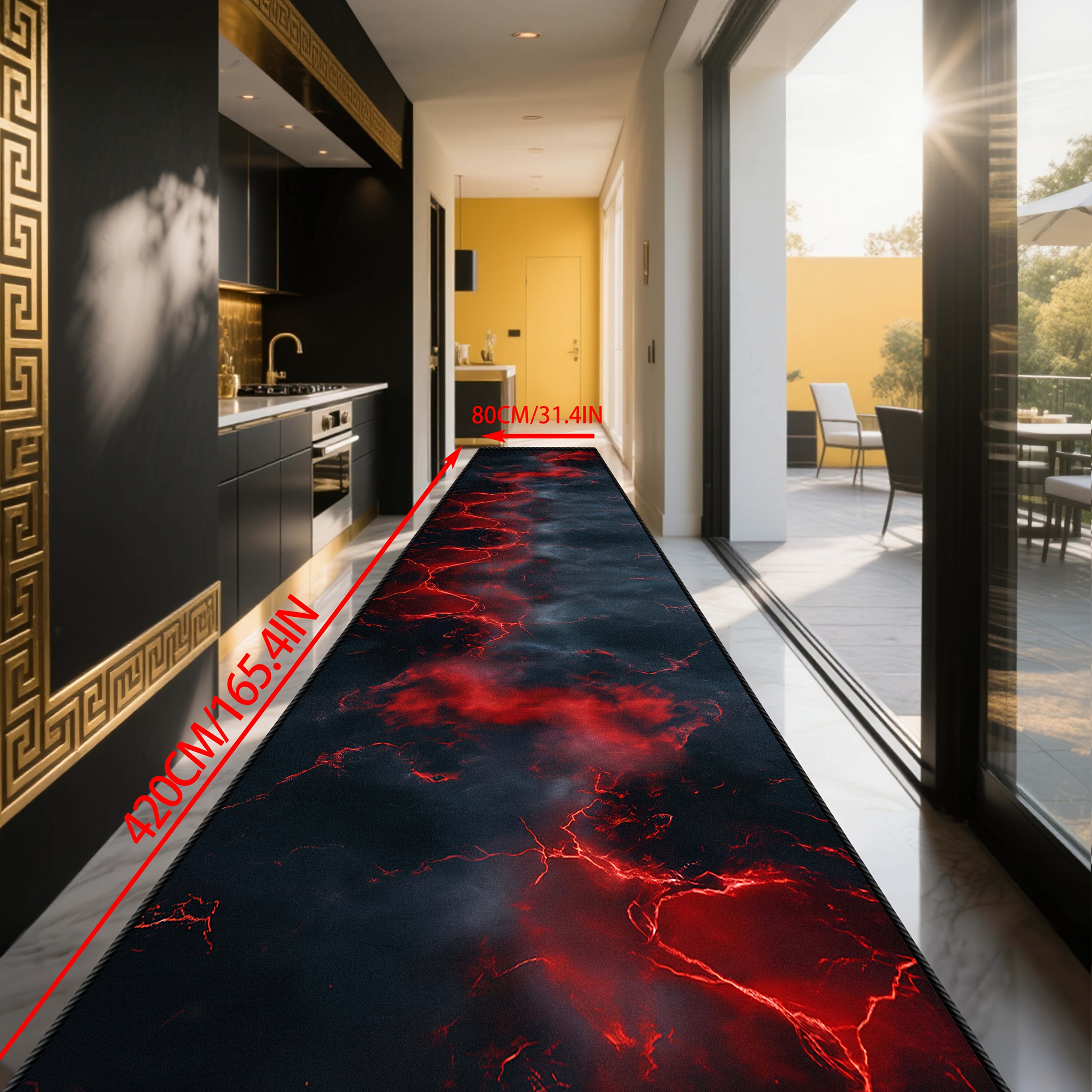 TEMU Golden Diamond Velvet 1pc, Black Background With Red Textured Marble Pattern, Long Runner Rug For Hotel, Restaurant, And Staircase Decoration,