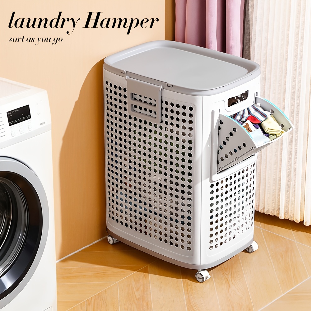 TEMU Panier à linge respirant de grande capacité 70L avec couvercle et roulettes - Bac de rangement roulant en plastique blanc pour vêtements