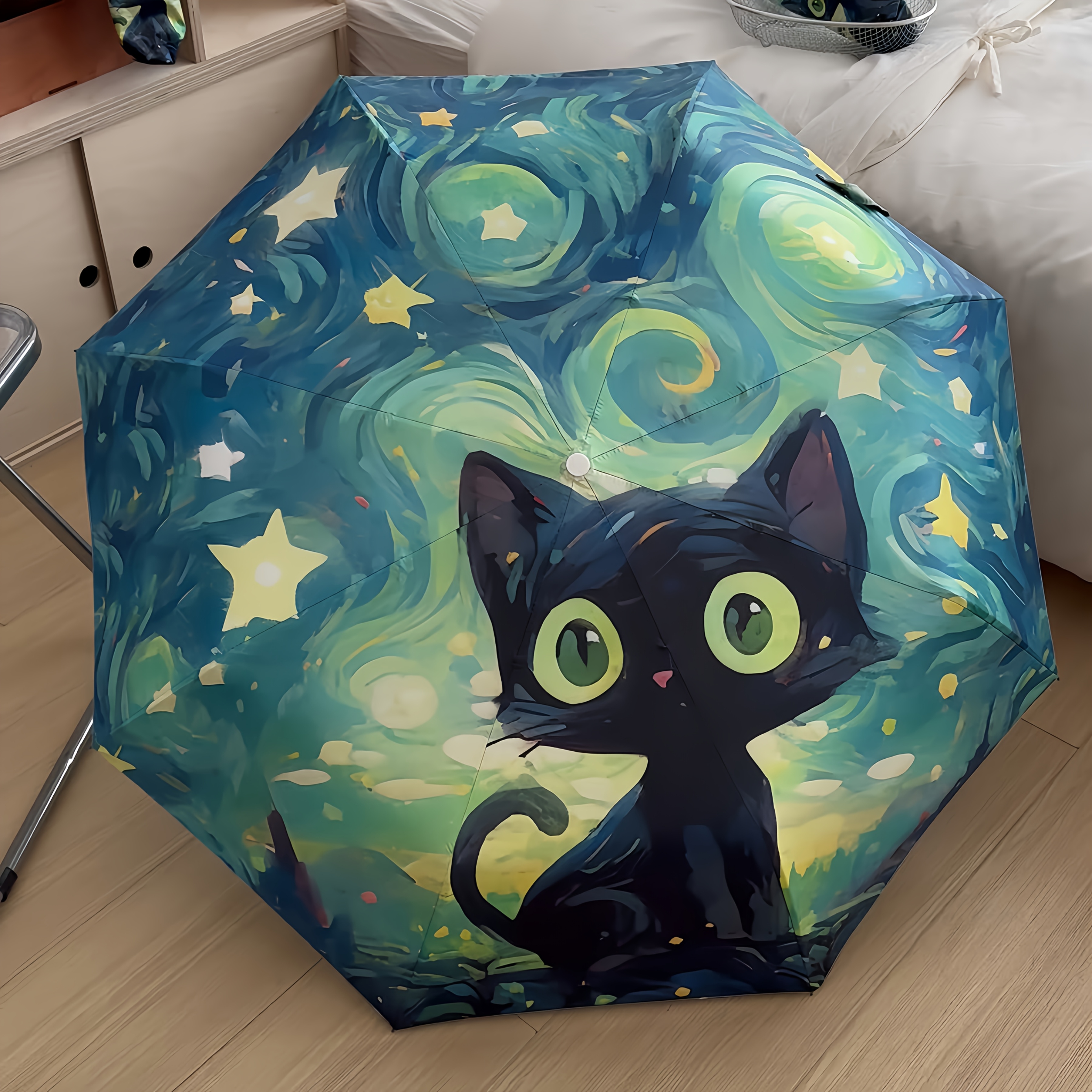 Image of Cartoon Cute Cat Umbrella, Comic Kitten Green Folding Umbrella, Personalized Design Black Glue Sunscreen Umbrella, Unisex, Seaside Beach Vacation Outdoor Sunshade Umbrella