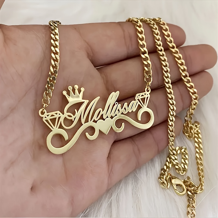 TEMU Customized Crown Name Necklace - 18k Golden Plated Stainless Steel Personalized Pendant With Cuban Link Chain - No Mosaic, Everyday Wear And