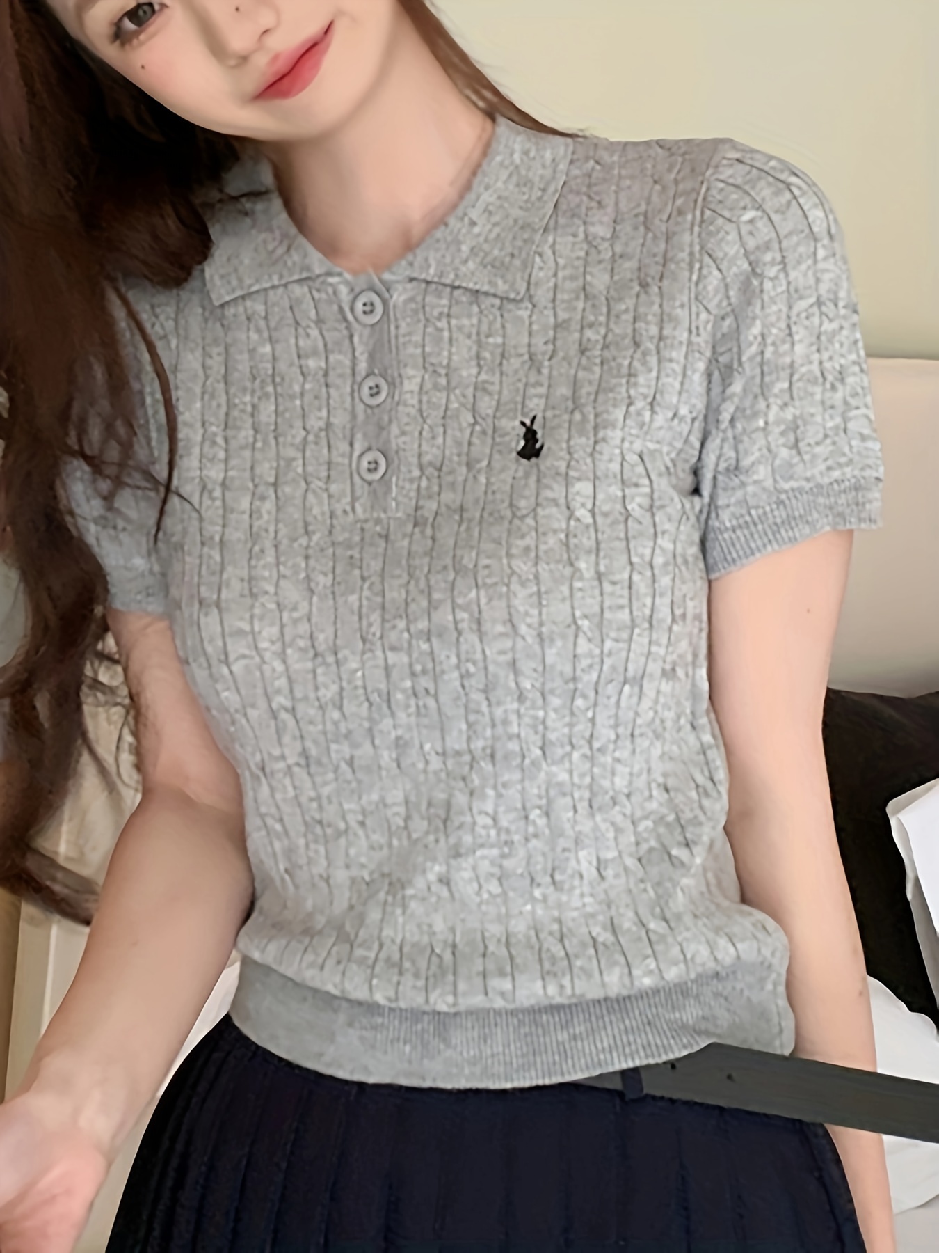 Women's Korean-Inspired Ice Fiber Shirt - Breathable Short Sleeve Button-Up Top with Collar & Embroidered Logo, Vibrant Yellow Casual Summer Blouse for Spring/Summer, Everyday Fashion, Nontransparent Fabric