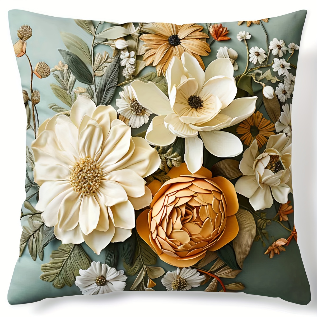 

1pc Contemporary Style Floral Digital Print Cushion Cover, 45cm/17.71inch Square, Decorative Pillowcase With Zipper, Botanical Pattern, Home Sofa Decor