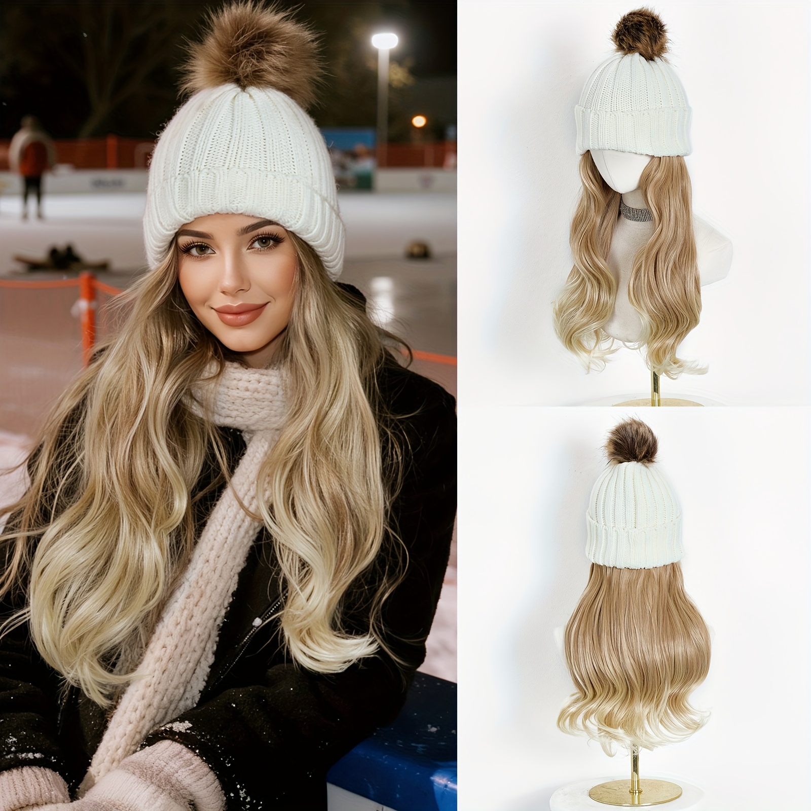Image of Women' Natural Long Hair Wig With Winter Hat - 16" Deep Wave Heat-resistant Synthetic Fiber Hairpiece, High Volume & Weight (no ), Adjustable For All Sizes, For /asian/african Daily Wear
