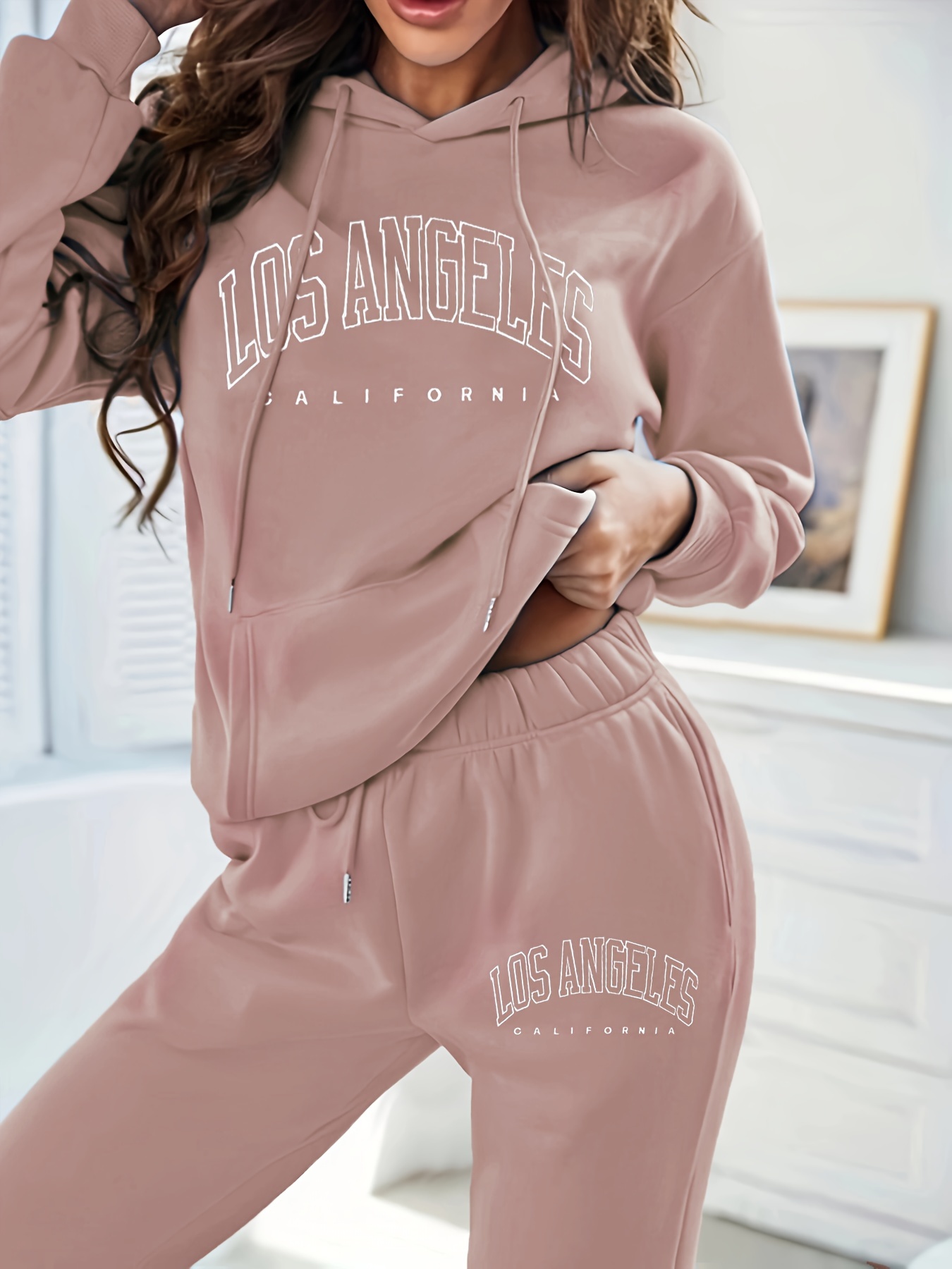 casual letter print pantsuits kangaroo pocket drawstring Temu Oman