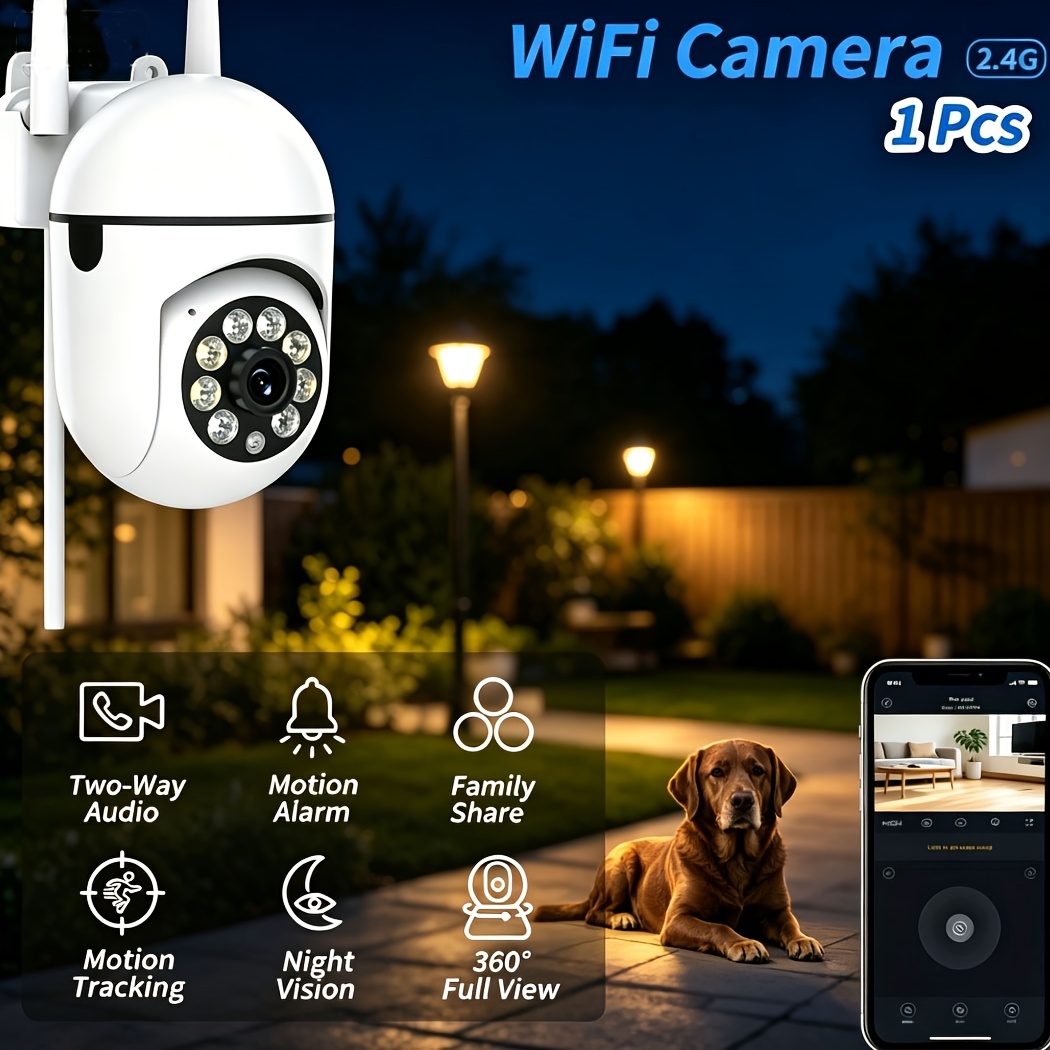 TEMU Caméra de sécurité PTZ extérieure fil WiFi 2,4 GHz, 1 pièce, caméra de surveillance à rotation /inclinaison à 360° avec de mouvement,