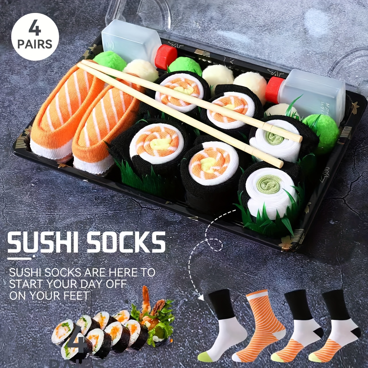 Image of 4 Pairs Of Quirky And Colorful Sushi-themed Socks, And Summer Gift Box Mid-calf Socks, Unisex Gift Socks, Whimsically Designed To Food, Hand Wash Only, Suitable For Everyday , Outdoor Sports