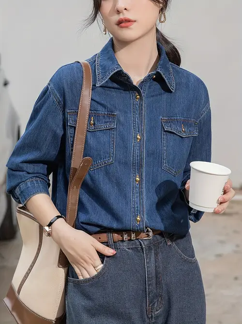 긴팔 스타일리시 데님 상의, 버튼 칼라 셔츠, 캐주얼 재킷 상의, 여성 의류 및 데님
