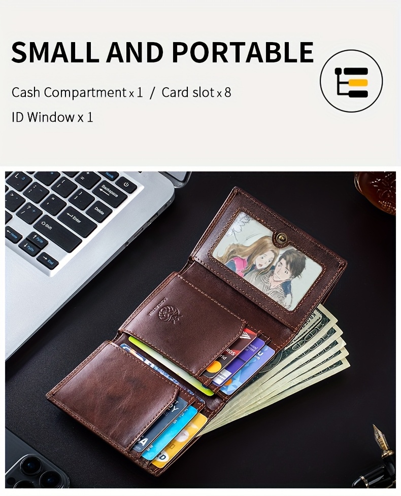 Crazy Horse Genuine Leather Trifold Wallets for Men & Women Real Genuine Leather Slim Front Pocket RFID Blocking Travel with ID Window