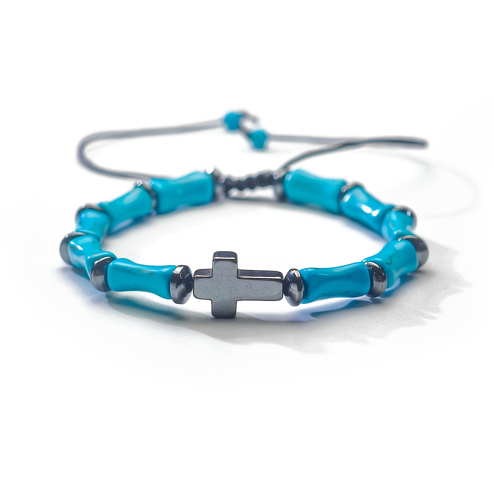 Beaded Bracelet with Cylindrical Stone Cross Element, Gift for Her
