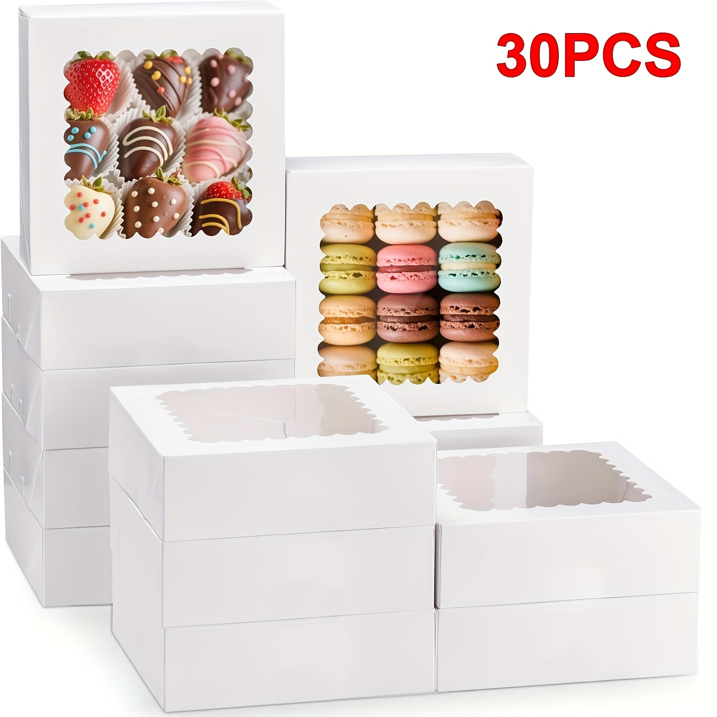 Image of Of 30 White Dessert Boxes Featuring A Window, Measuring 10x10x2.5 Inches, Perfect For, Pastries, Chocolate-covered Strawberries, And Pies