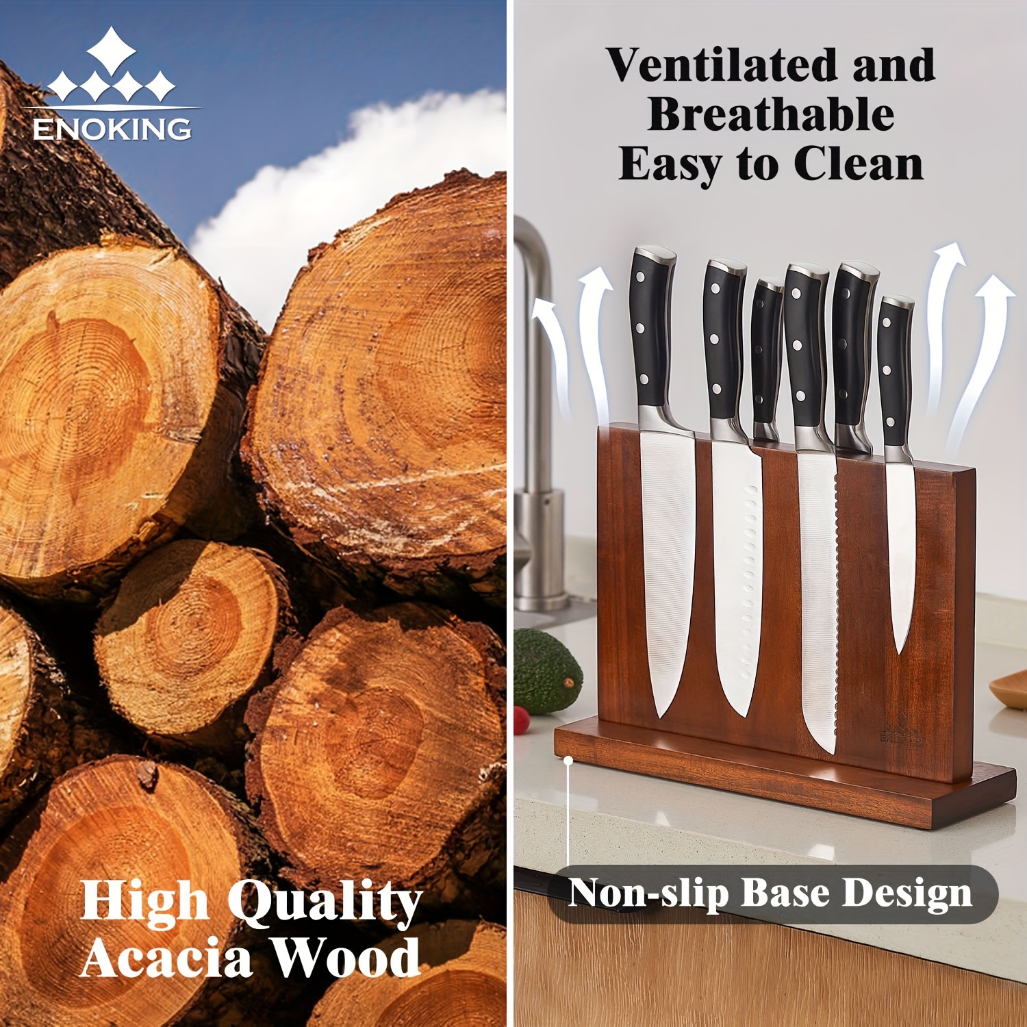 enoking magnetic knife block 12 5 x 9 inches double side magnetic knife holder built in three powerful magnets strip acacia wood universal knife storage organizer for kitchen counter details 2