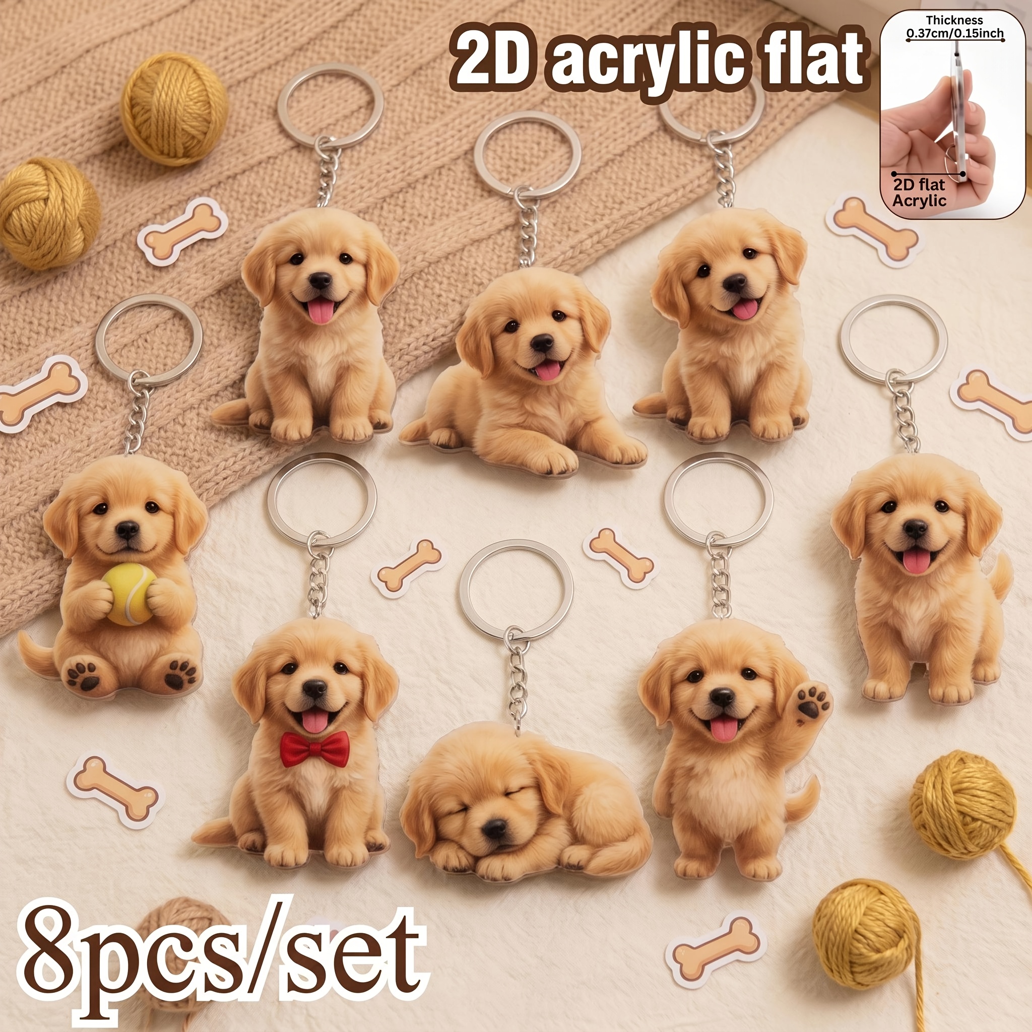TEMU 2d Flat, [2d Flat]keyring Set[2d Flat] 8pcs Set Of Cute Golden Retriever Puppy Acrylic Keychains, Including Bag Charms And Car Accessories, A