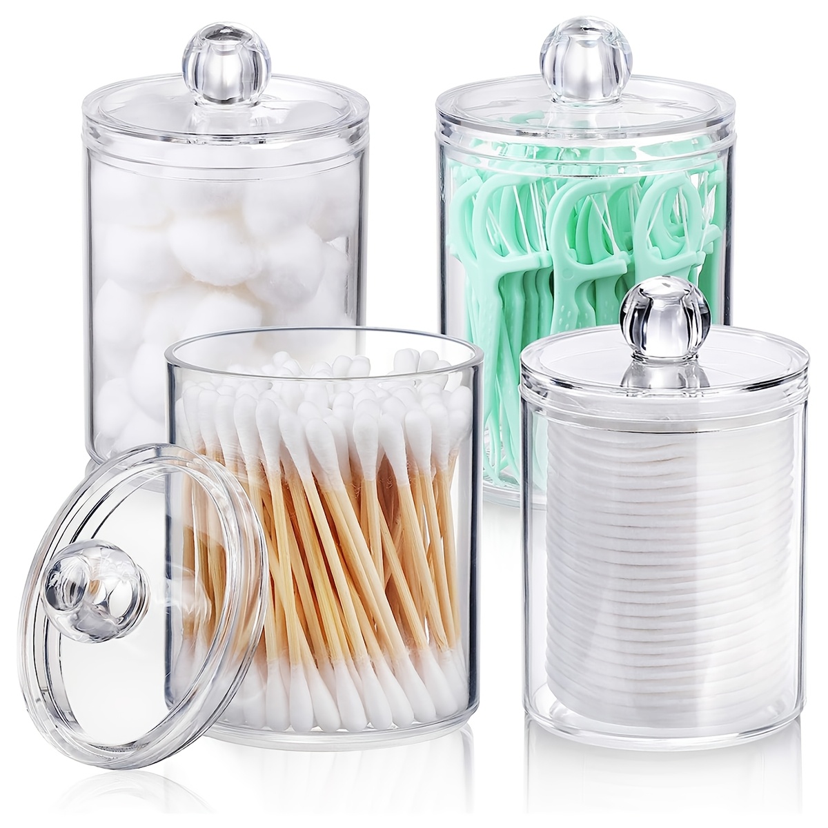 TEMU 4 boîtes de distribution de cotons-tiges, flacon de médicament à couvercle transparent, pot de salle de bain, étui de Cosmétique à bille,