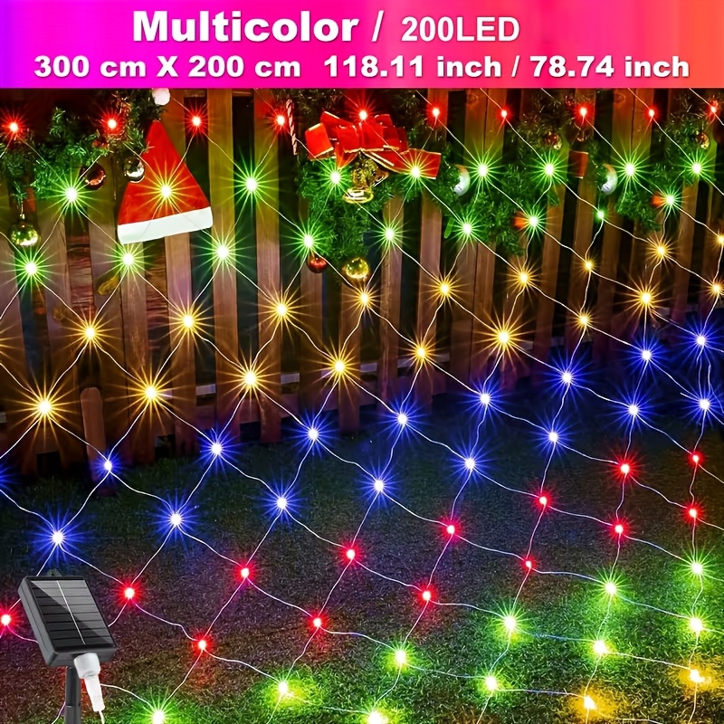 TEMU 200led/100led Christmas Light/color, 8 Lighting Modes, Solar Powered, And Automatic , X 2m, 1.5m X 1.5m, Warm White, White Suitable For Fences,