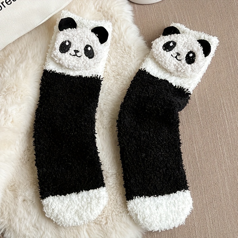 1 Pair Of Women's Black And White Three-dimensional Cartoon Panda Puppy Coral Fleece Mid-tube Socks Autumn And Winter Fluffy Socks Thickened Warm Plush Floor Socks Worn Indoors