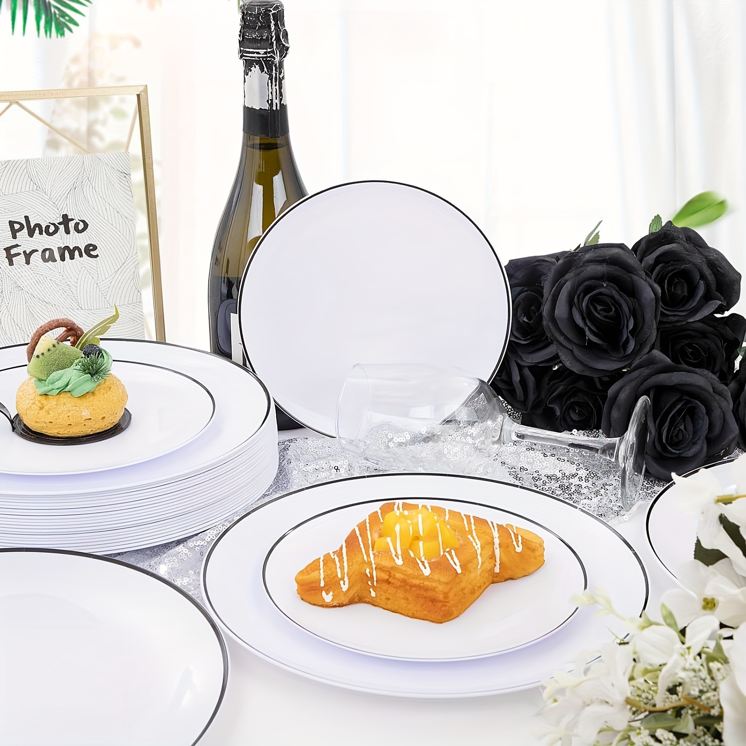 

100pcs White And Black Plastic Plates, Plastic Party Plates, Black Rim Plastic Dinner Plates, Black Disposable Plastic Plate, Appetizer/dessert Plates For Wedding, Family Gathering, Party