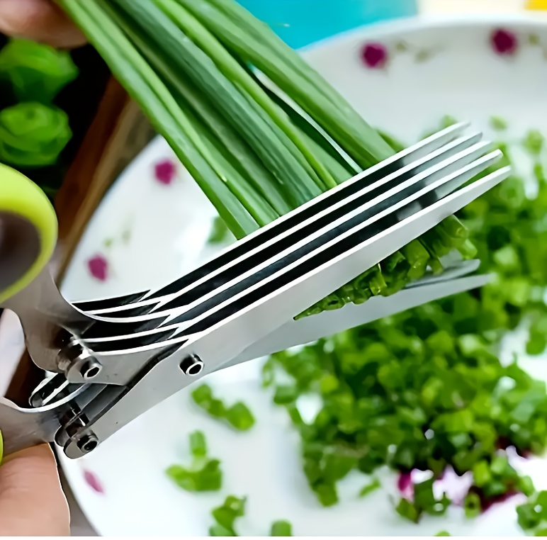 5-Layer Heavy-Duty Stainless Steel Kitchen Scissors - Multifunctional Onion & Herb Chopper with Protective Cover & Built-in Cleaner, 304 Blades & Plastic Grip - One-Handed Operation for BBQ, Slicing Vegetables, Meat (Lock