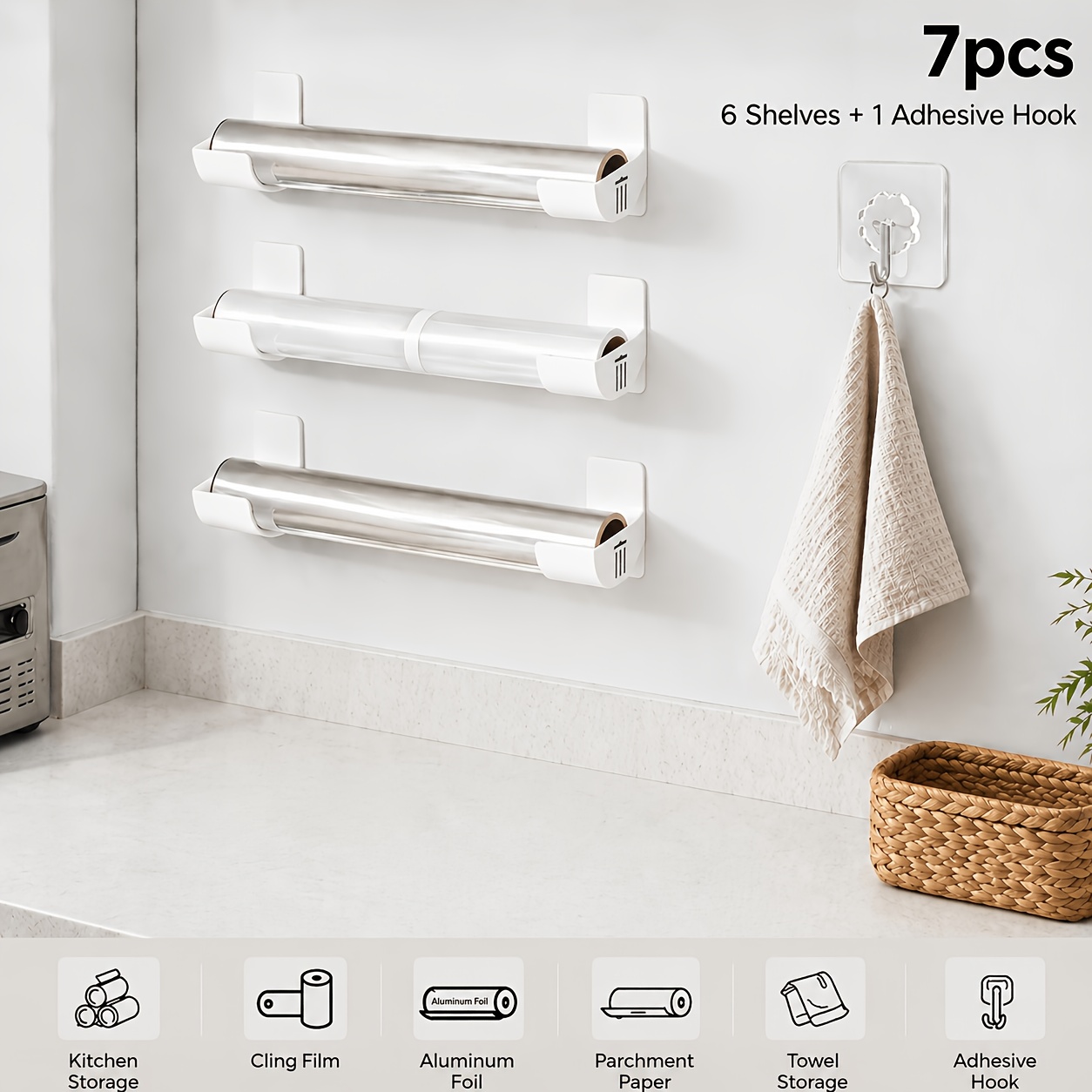 7pcs No-drill Adjustable Kitchen Storage Box Set, Multifunctional Side-hanging Organizer For Cling Film, Garbage Bags, Cabinets& Countertops