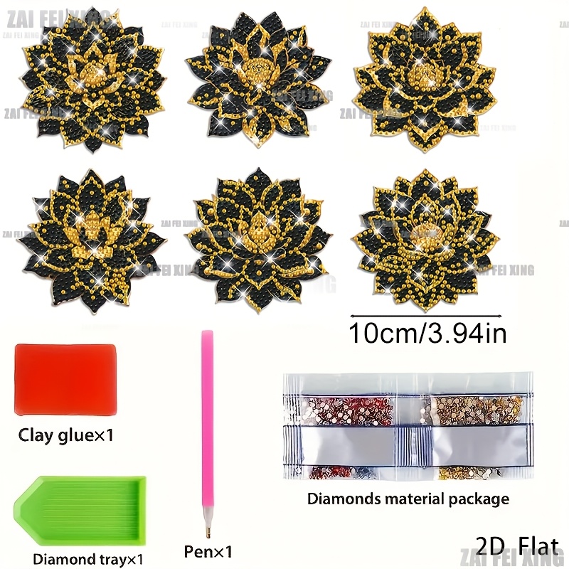 TEMU 6pcs Gorgeous Black And Golden For Lotus Mandala Diamond Painting Coaster Set, Diy Coasters, Non-slip Drink Mats - Car Coasters, Tea Coasters,