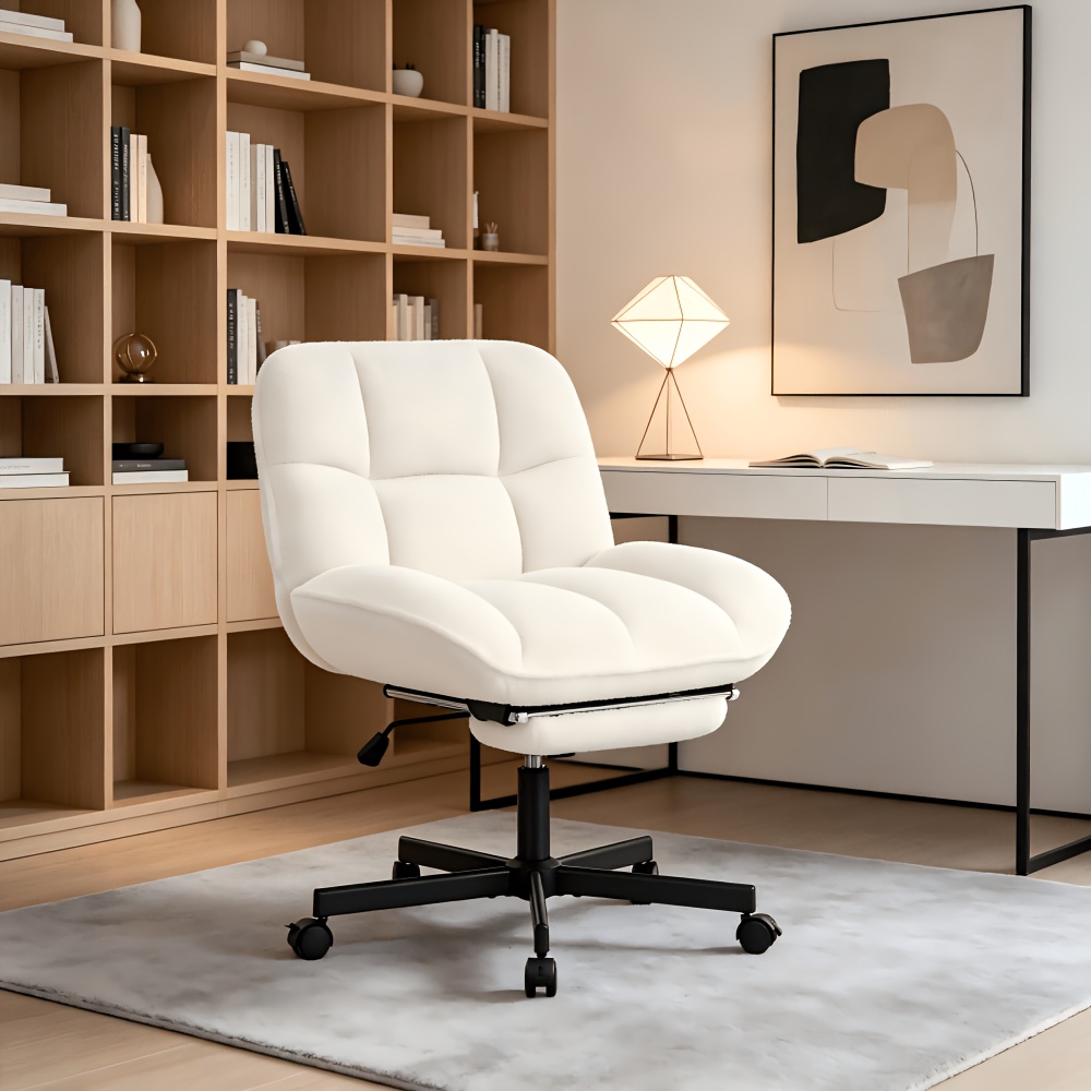 Vanity Chair with Footrest, Teddy Fleece Vanity Chair, Height Adjustable Swivel Desk Chair, 90°-120° Recline, with Wheels, for Bedroom, Home Office, Makeup