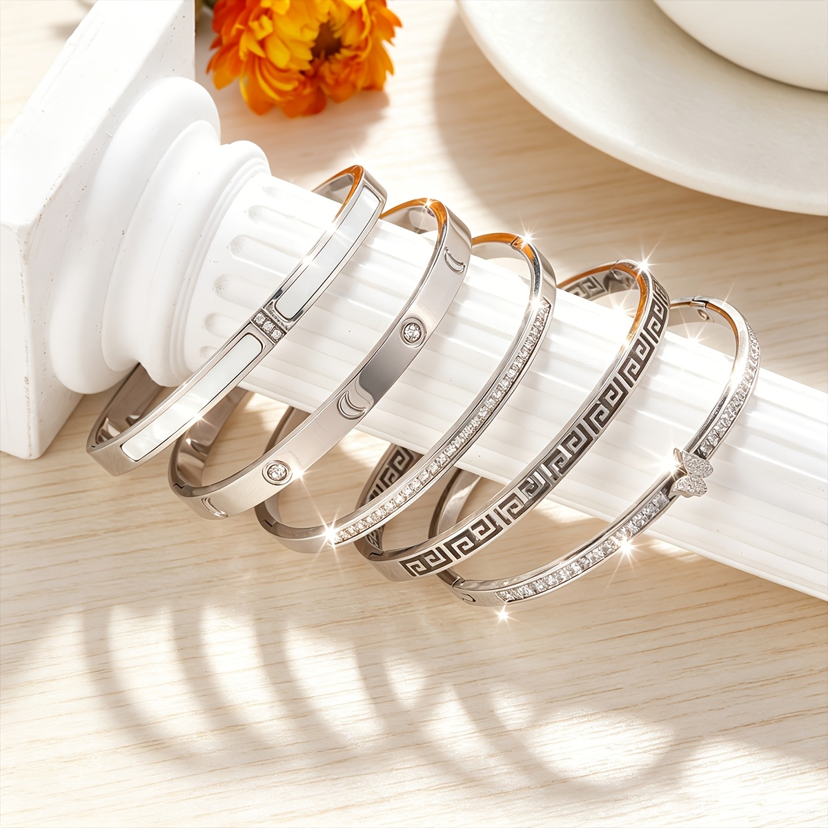 Stainless Steel Open Bangle Bracelet, Elegant White Element Design