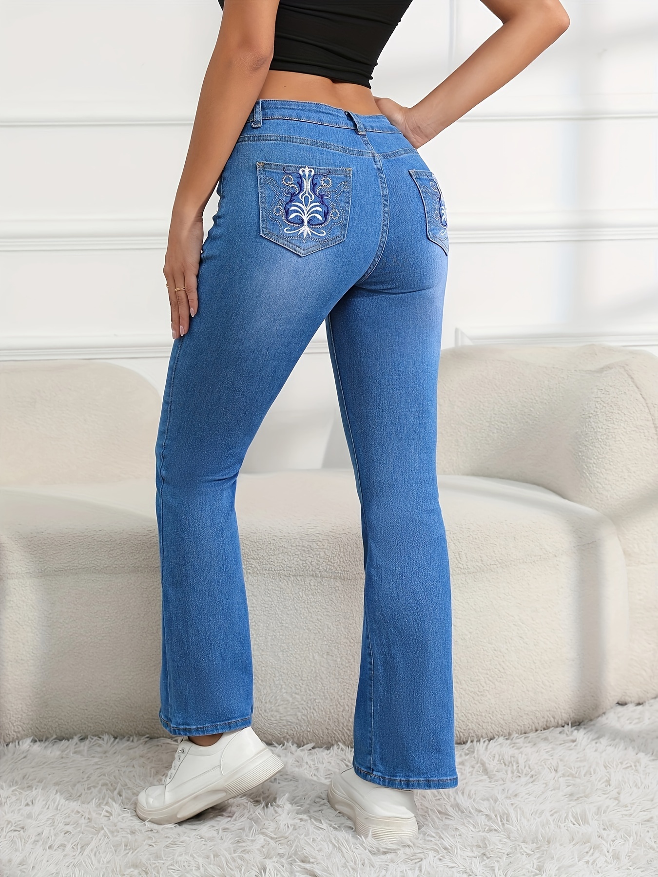 Floral Embroidered Decor Flare Jeans Slant Pockets - Temu Canada