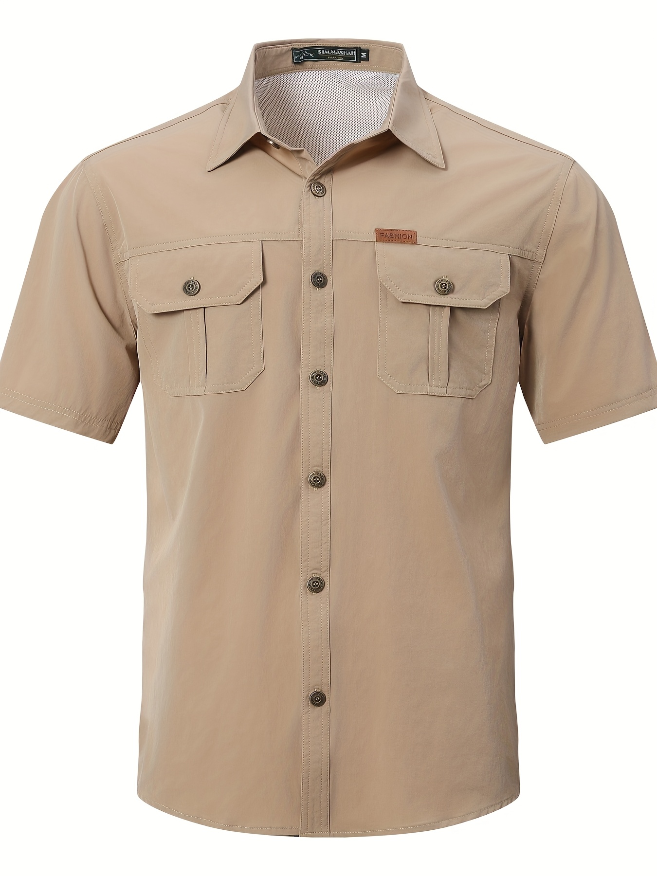mens khaki military style short sleeve shirt elastic button Temu