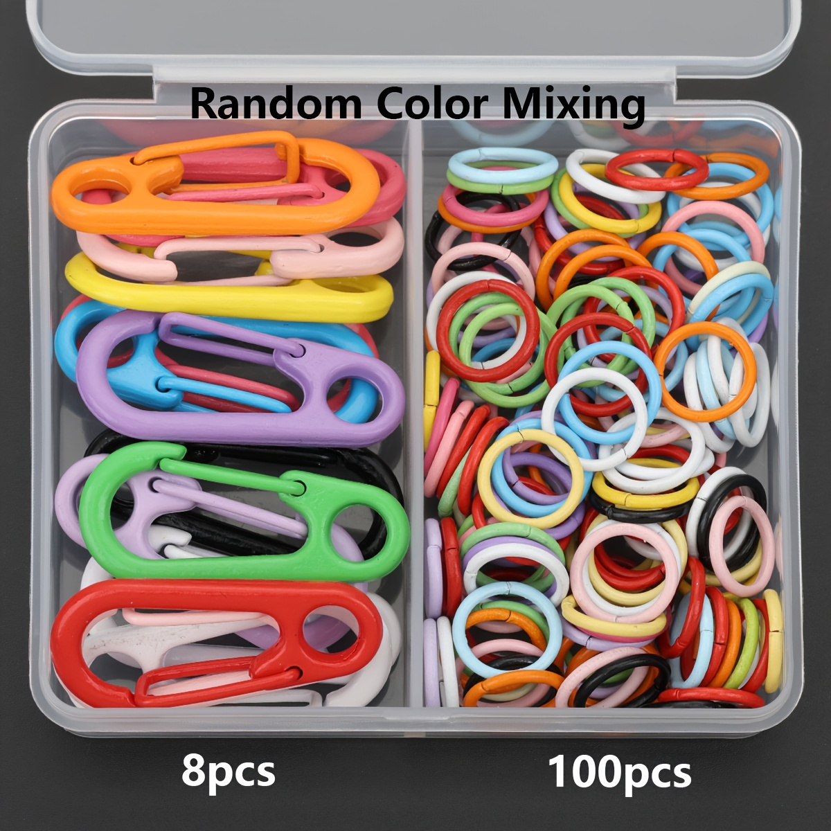TEMU 108pcs/box Random Mixed Colors Diy Keyring Making Parts, Including 8pcs D-shaped Figure- Clasps And 100pcs Jump Rings, Alloy Hook Connectors,