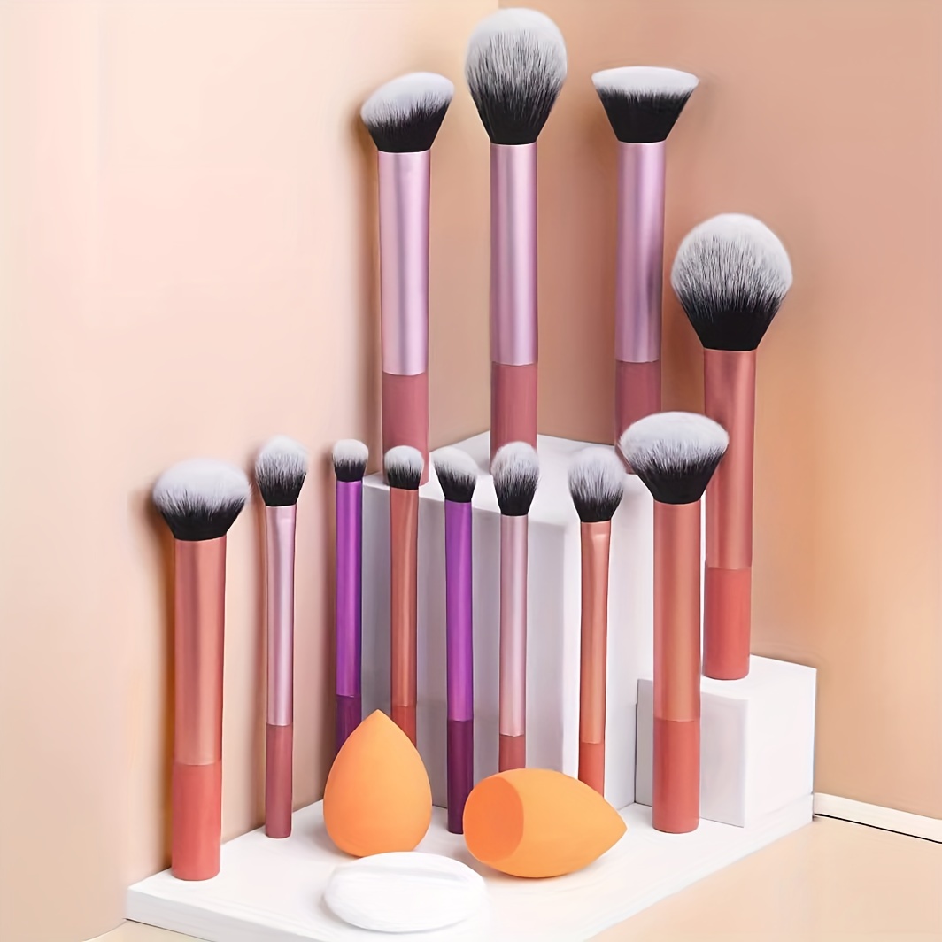 

12pcs/set Multifunctional Makeup Brush Set Including Powder Brush, Blending Brush, Contour Brush, Foundation Brush, Plus 3pcs Sponge Puff In Drop & Cut Surface, Beauty Tool