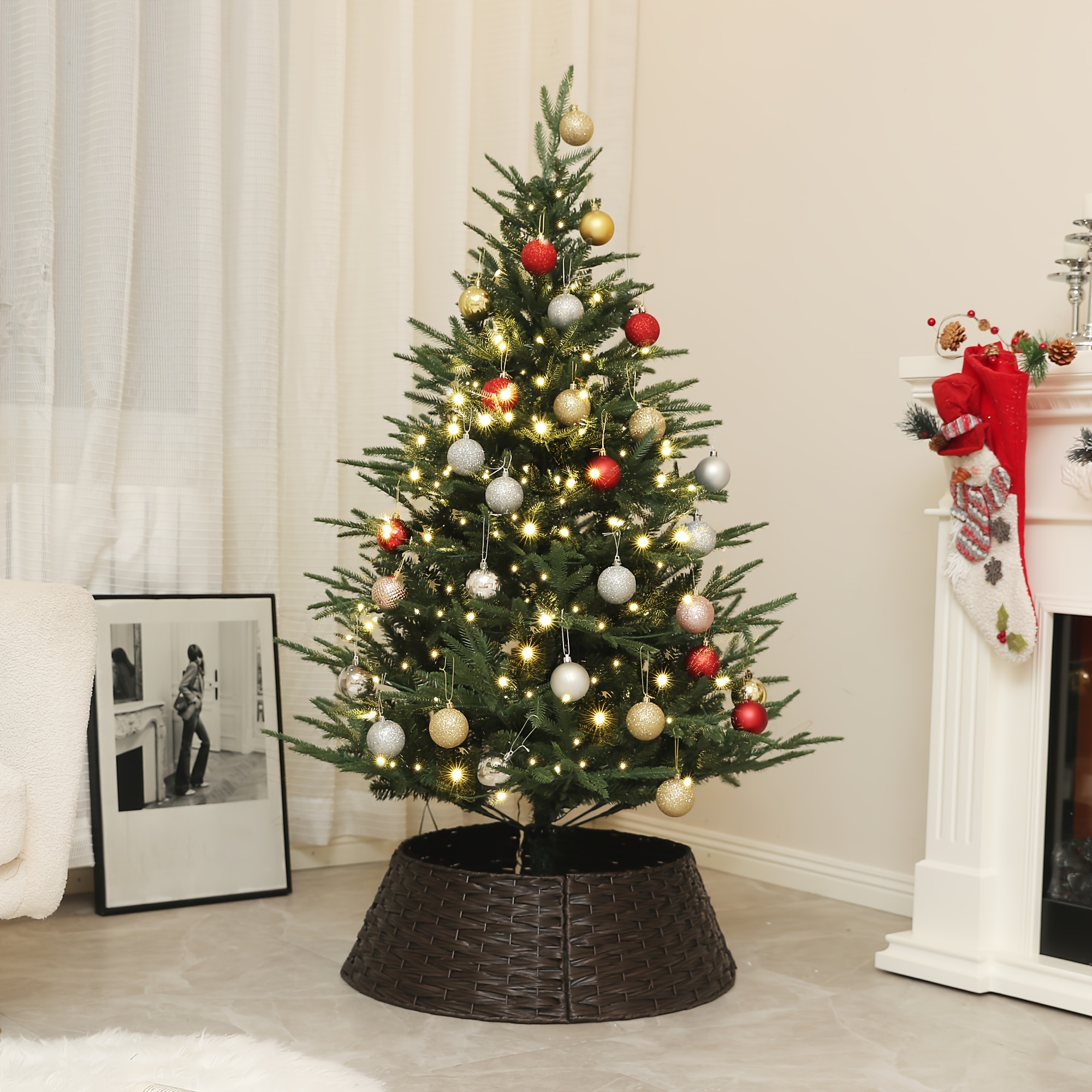 TEMU Sapin de Noël artificiel HOMCOM 5ft/6ft avec pointes, lumières LED blanc chaud et socle, à charnières, ouverture automatique, vert