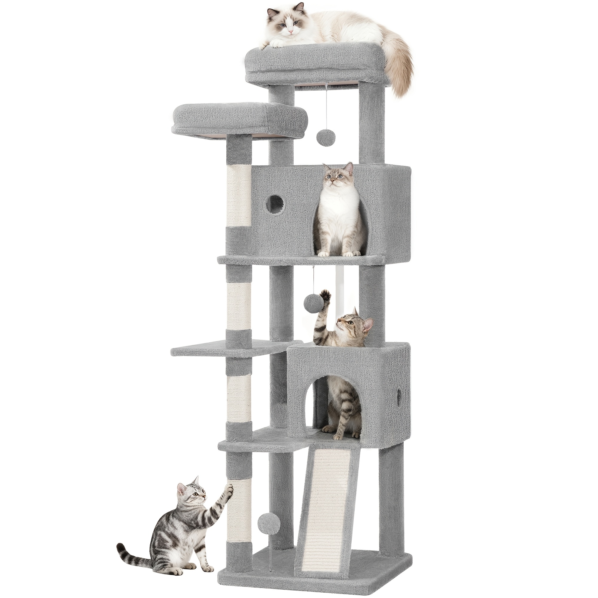 Large Cat Tree, 152cm Scratching Post, Sturdy Cat Tree For Large Cats With Sisal Scratching Posts, Scratching Board, 2 Comfortable Cat Houses, 2 Perches, Pom-poms, Resting