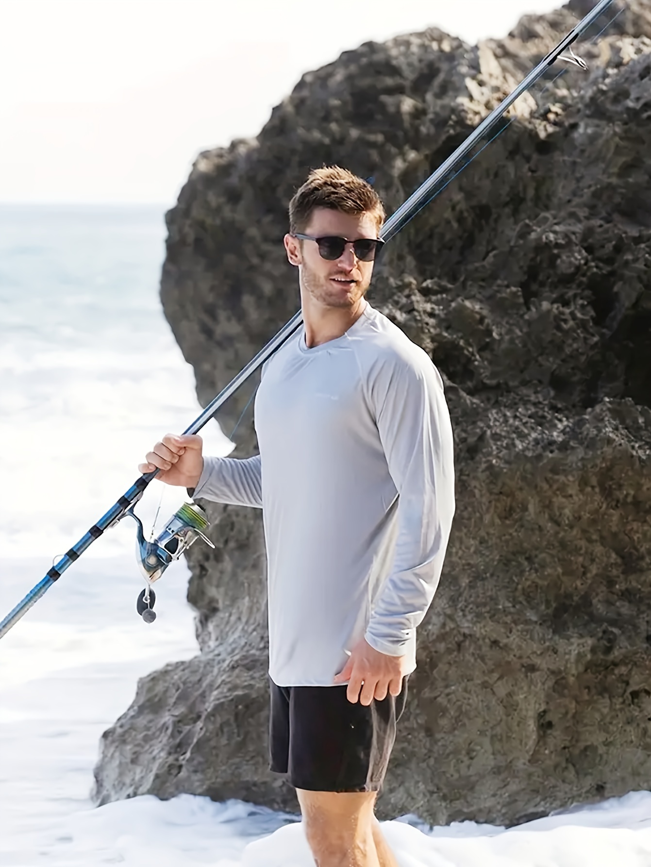 Men's UPF 50+ Sun Protection Raglan Shirt, Quick Dry * Stretch Breathable  Long Sleeves Rash Guard For Fishing Hiking Outdoor