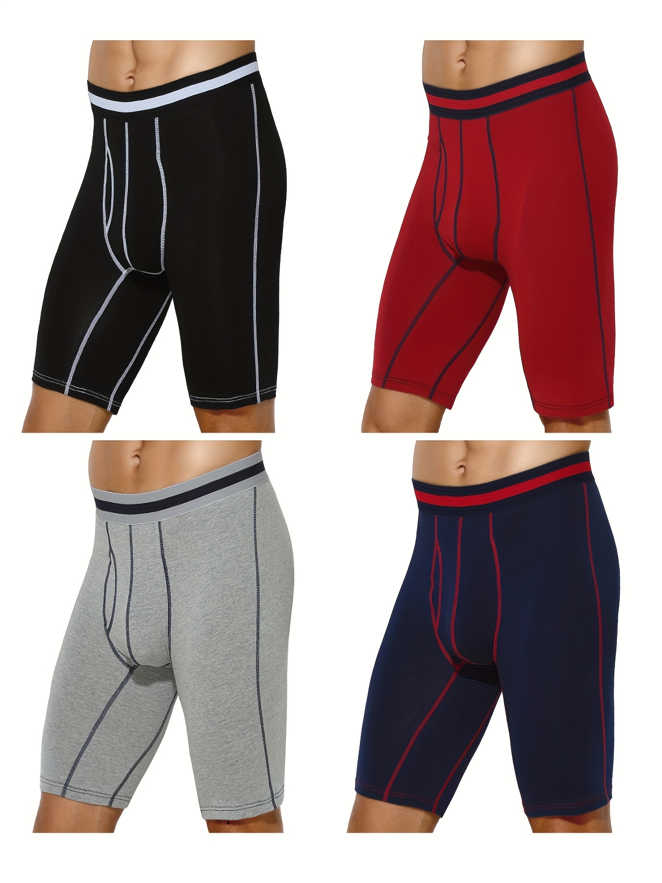 4pcs Men's Long Leg Cotton Underwear Total Support Pouch Boxer Briefs with Open Fly Pouch, Men's Cycling Sports Wear Bottoms, Moisture Wicking & Breathable Slimming Shapewear Body Shape for Men - Image 3