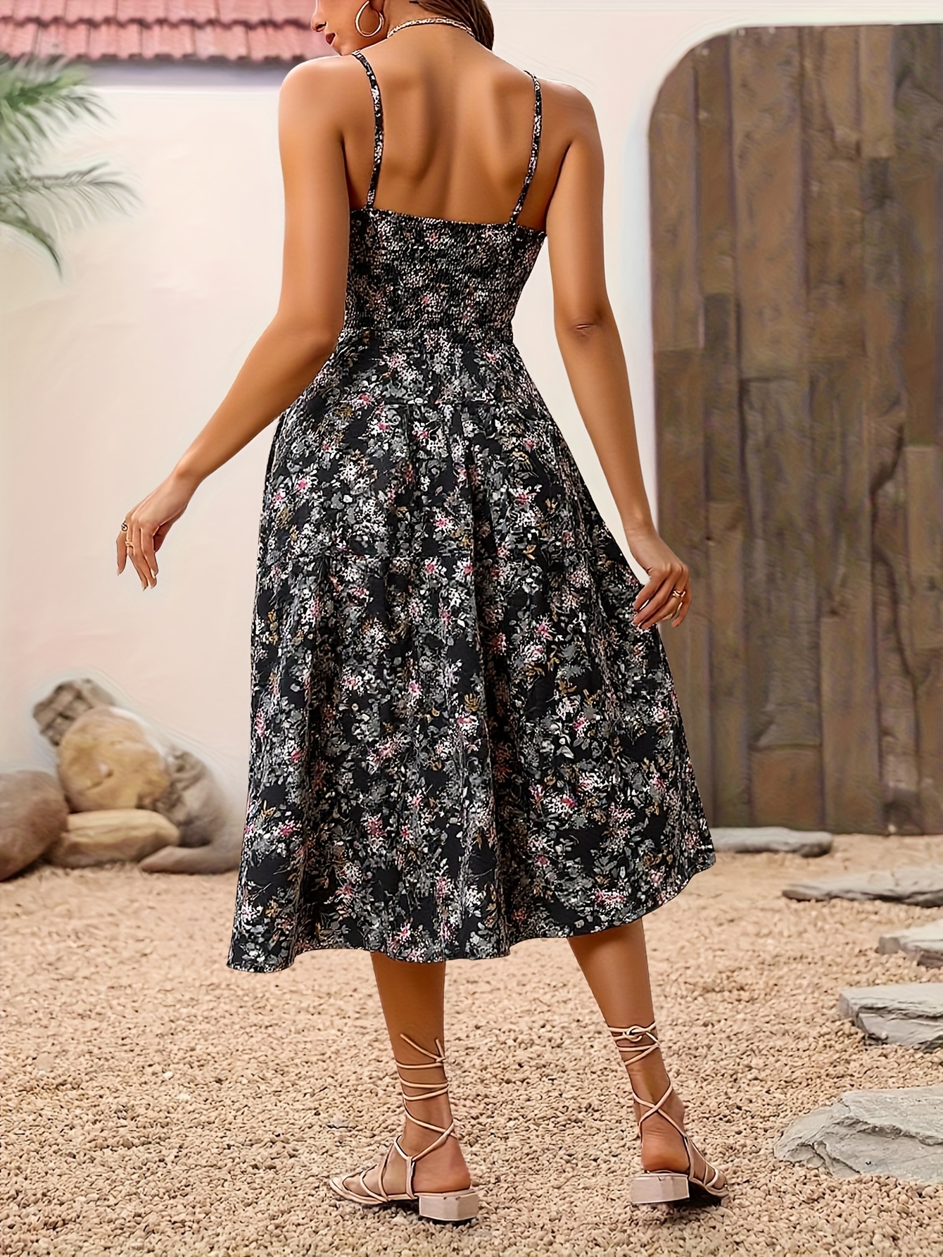 花柄シャーリングドレス、バケーションスパゲッティストラップ